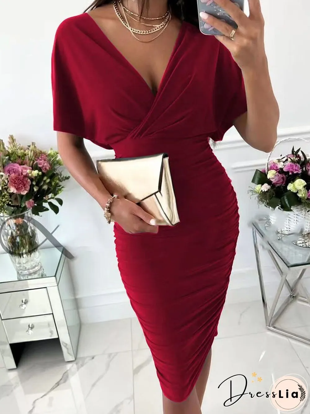 Summer Elegant Short Sleeve Chic V-Neck Mid Length Dress Lady Sexy Solid Tight Party Dress Fashion Temperament Slim Office Dress