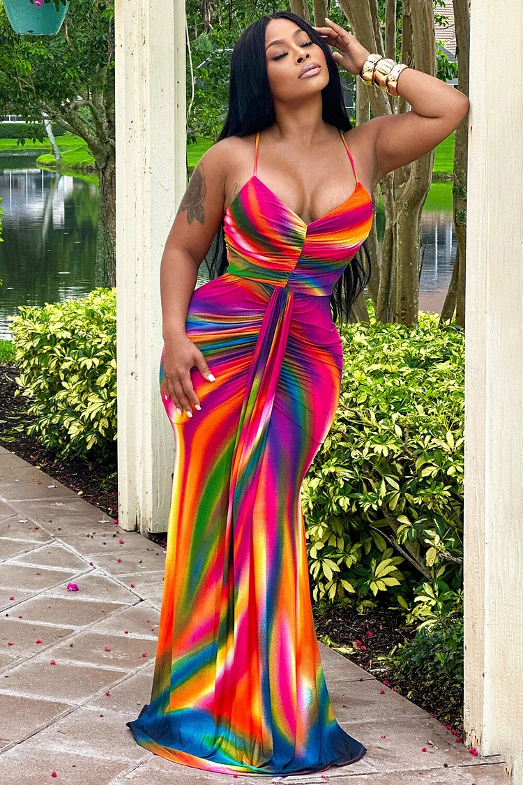 Ruched Sash Ombre Print Vacation Cami Maxi Dresses-Multicolor