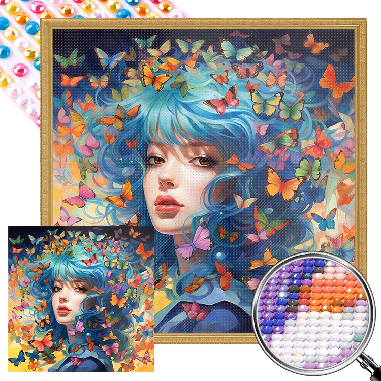 Partial AB Drill - Full Round Diamond Painting - Butterfly And Blue-Haired Beauty 40*40CM