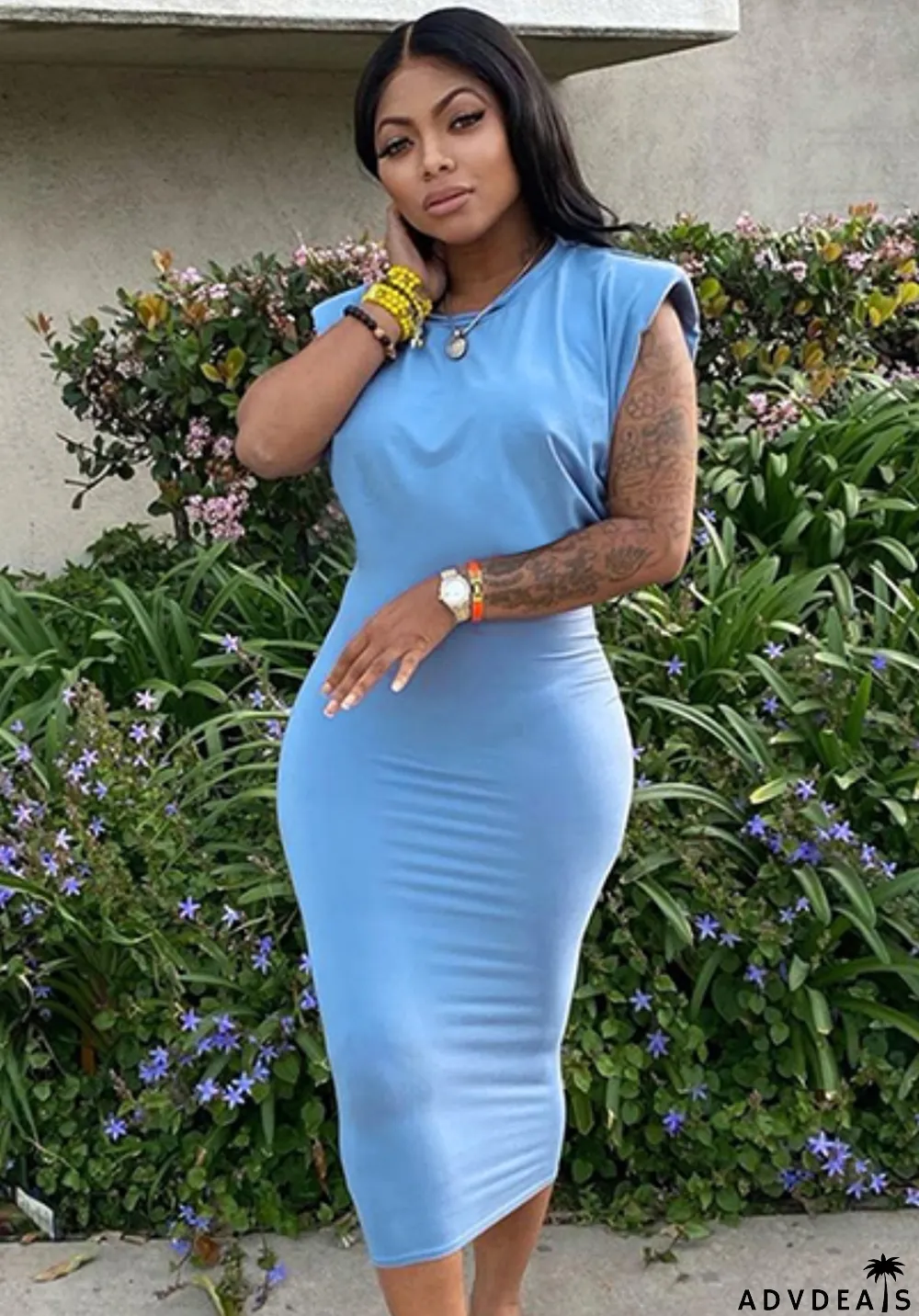 Summer Casual Blue O-Neck Pencil Dress