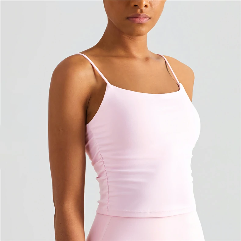 Rose pink Hergymclothing scrunch sides u back nude feeling spaghetti strap gym cropped tank top with pads online shopping