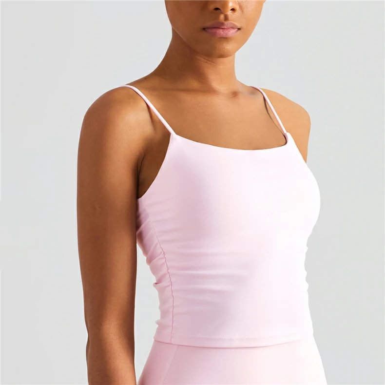 Rose pink Hergymclothing scrunch sides u back nude feeling spaghetti strap gym cropped tank top with pads online shopping