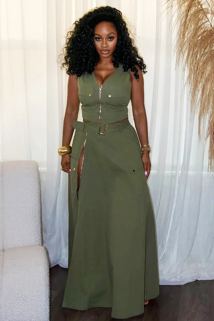 V Neck Zip-Up Vest Buckle Pocket Slit Maxi Skirt 2pcs Set-Green