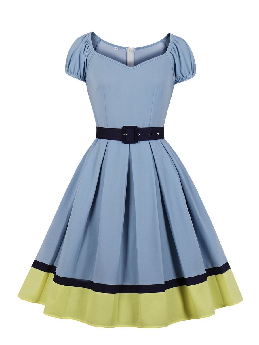 Vintage Dress For Women Square Neck Belt Contrasting Hem Swing Dress