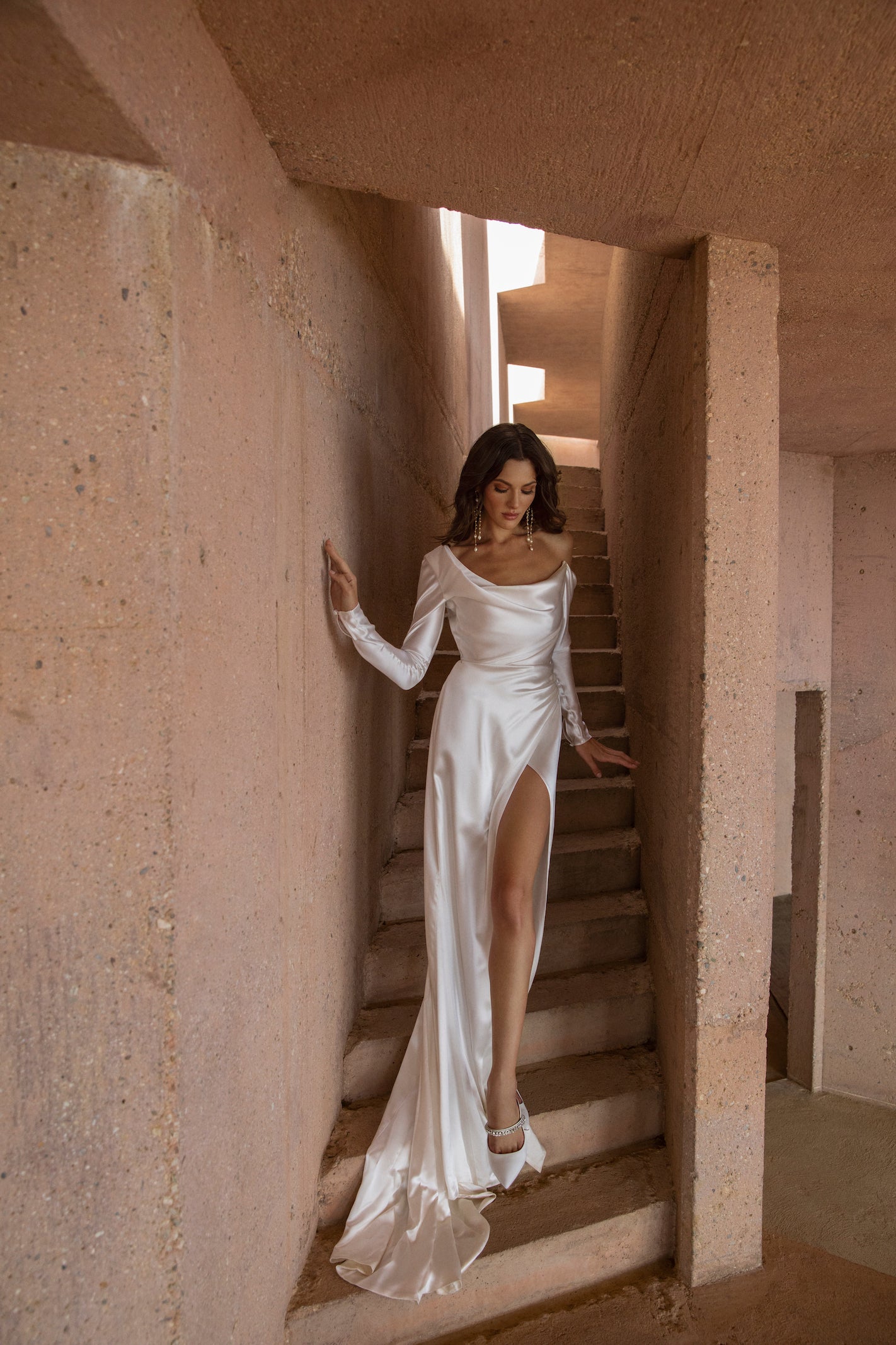 Long Sleeve High Slit Charmeuse Wedding Dress