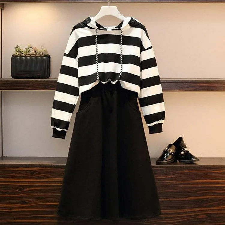 Sweet Striped Hoodie Sweatshirt Skirt Set - Modakawa Modakawa