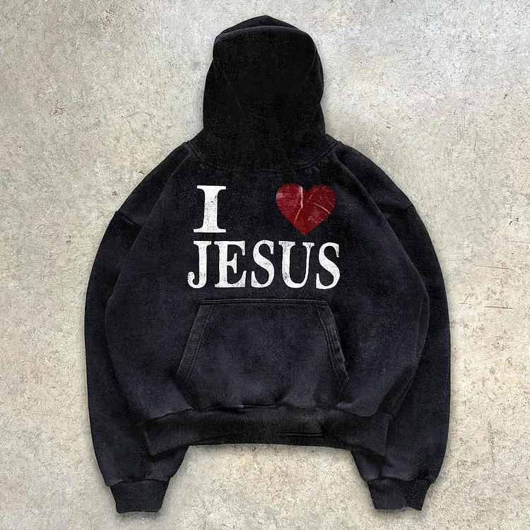"I LOVE JESUS" Print Graphic Black Acid Washed Pullover Hoodie