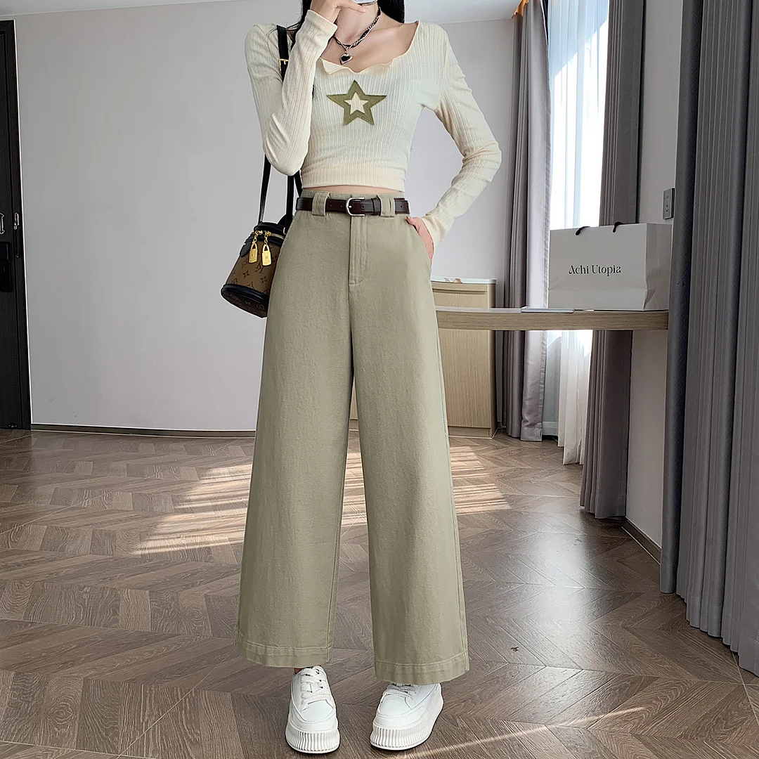 Toloer Coffee Color Cargo Pants Children Autumn And Winter 2025 New High Waist Loose Small Nine Points Straight Tube Narrow Version Wide Leg Pants-Outfit Ideas
