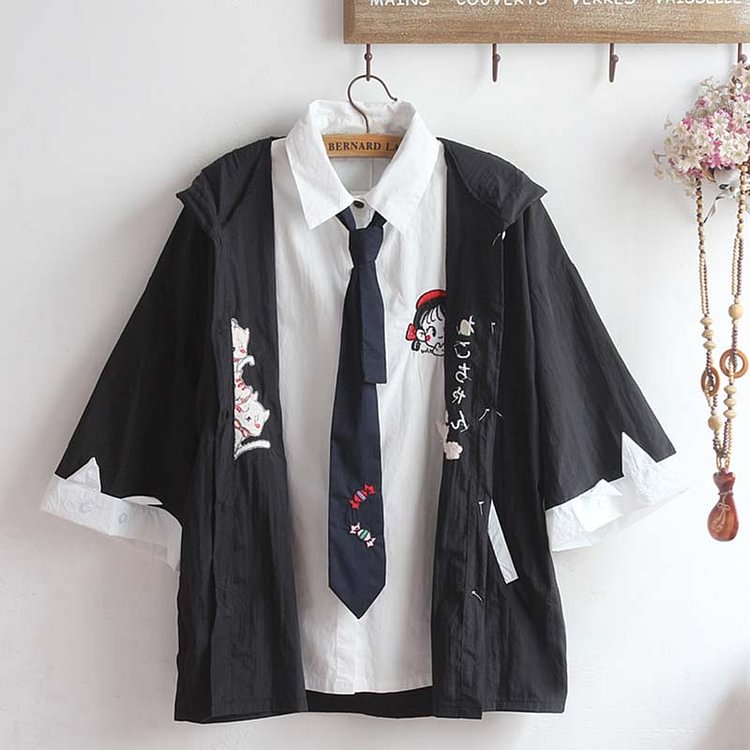 Girlfriend Boyfriend Cat Embroidery Jacket Shirt Two Piece Set - Modakawa Modakawa