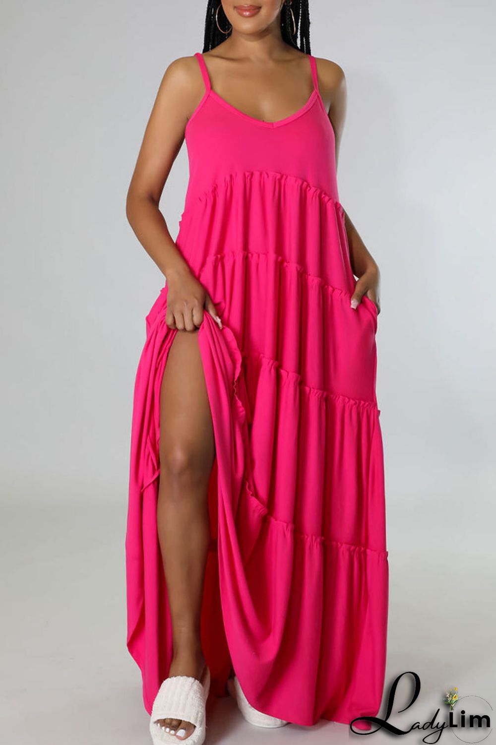 Purple Casual Solid Split Joint Spaghetti Strap Sling Dress Dresses