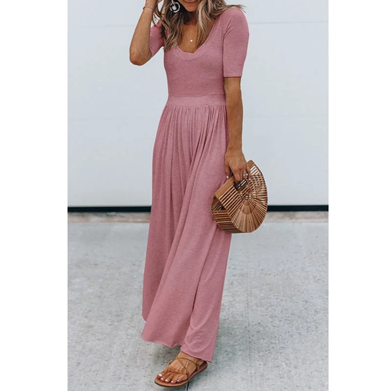 Women's New Round Neck Short Sleeve Long Jumpsuit