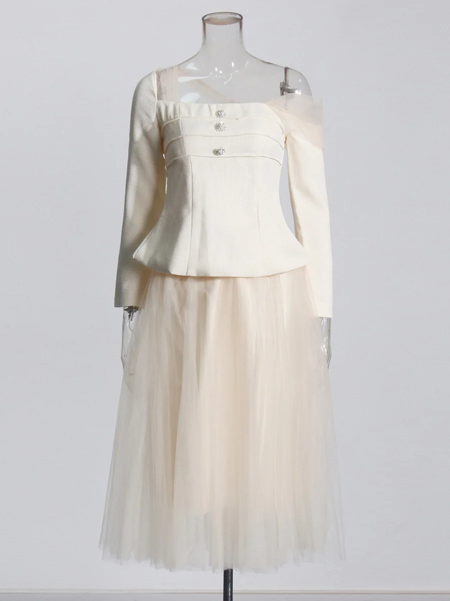 Brownm Fashion Temperament Set Women's Spring 2025 New Net Yarn Stitching Design With Long-Sleeved Body Skirt Suit