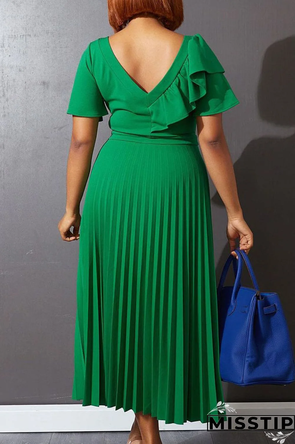 Green Casual Solid Patchwork Flounce Fold Asymmetrical Collar Straight Dresses