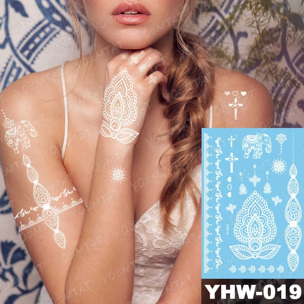 Indian Arabic Designs Temporary Waterproof Tattoo sticker Lace White Bride Tatto Paste Fake Tatoo Mandala Body Art Hand Choker