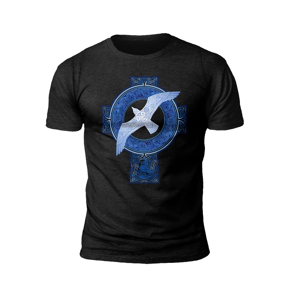 Norse Flight: Raven's Embrace in Blue and Black T-shirt