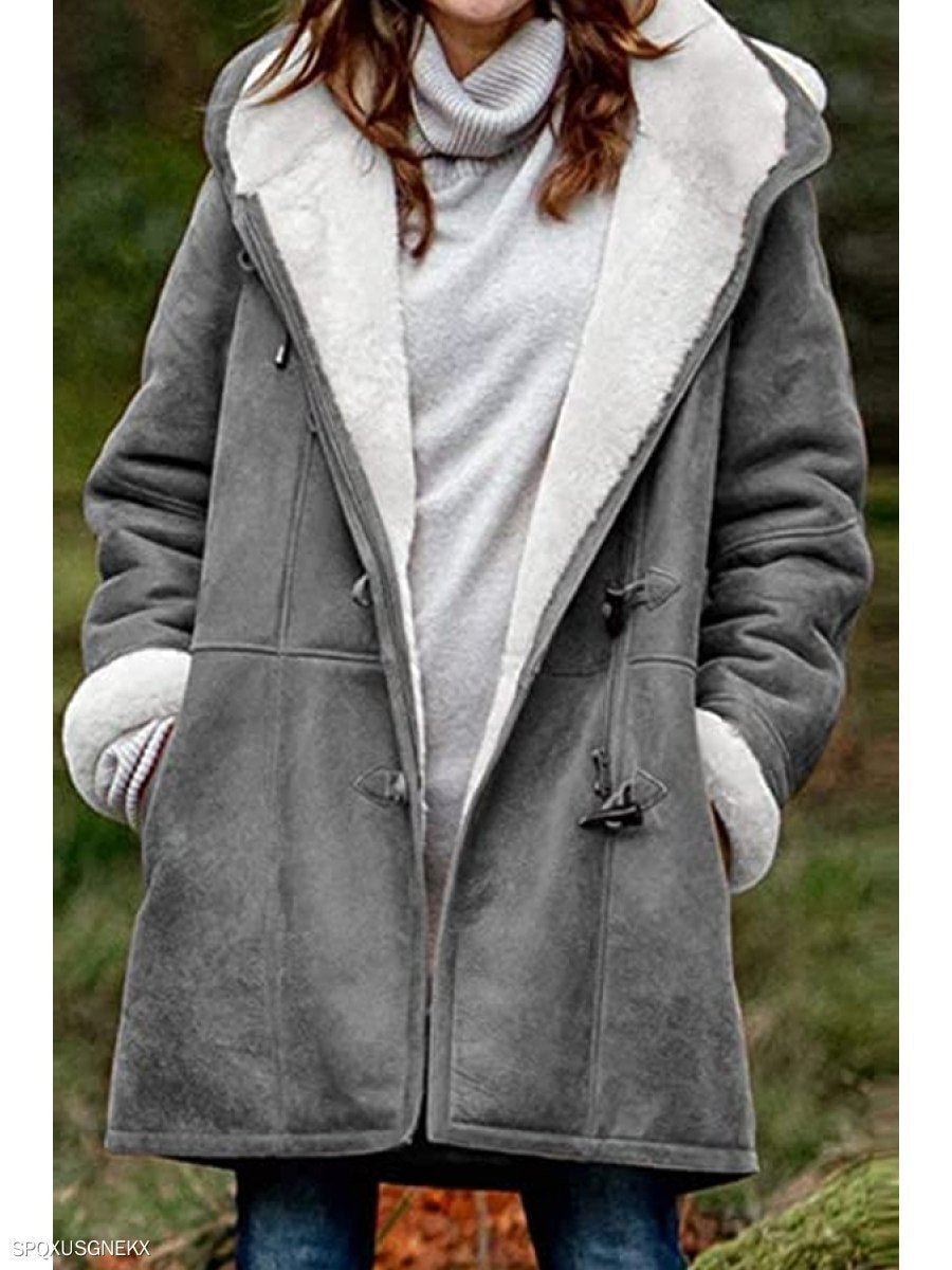 Fashion Solid Color Casual Hooded Jacket Plus Fleece Mid-length Coat | EGEMISS