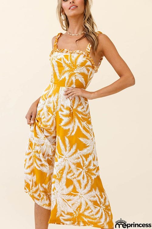 Palm Print Slip Wide Leg Jumpsuits