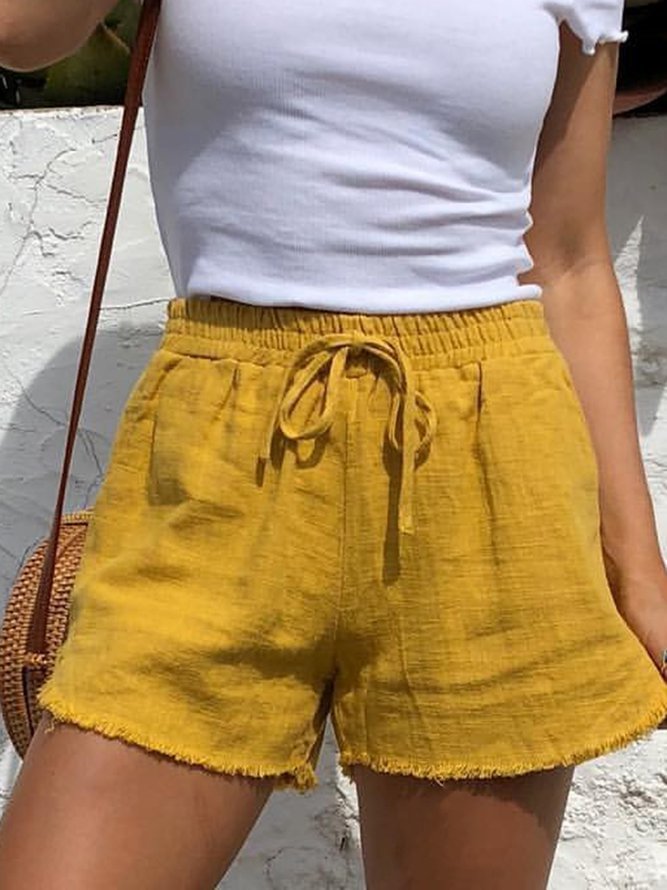 Summer Drawstring Solid Linen Casual Shorts