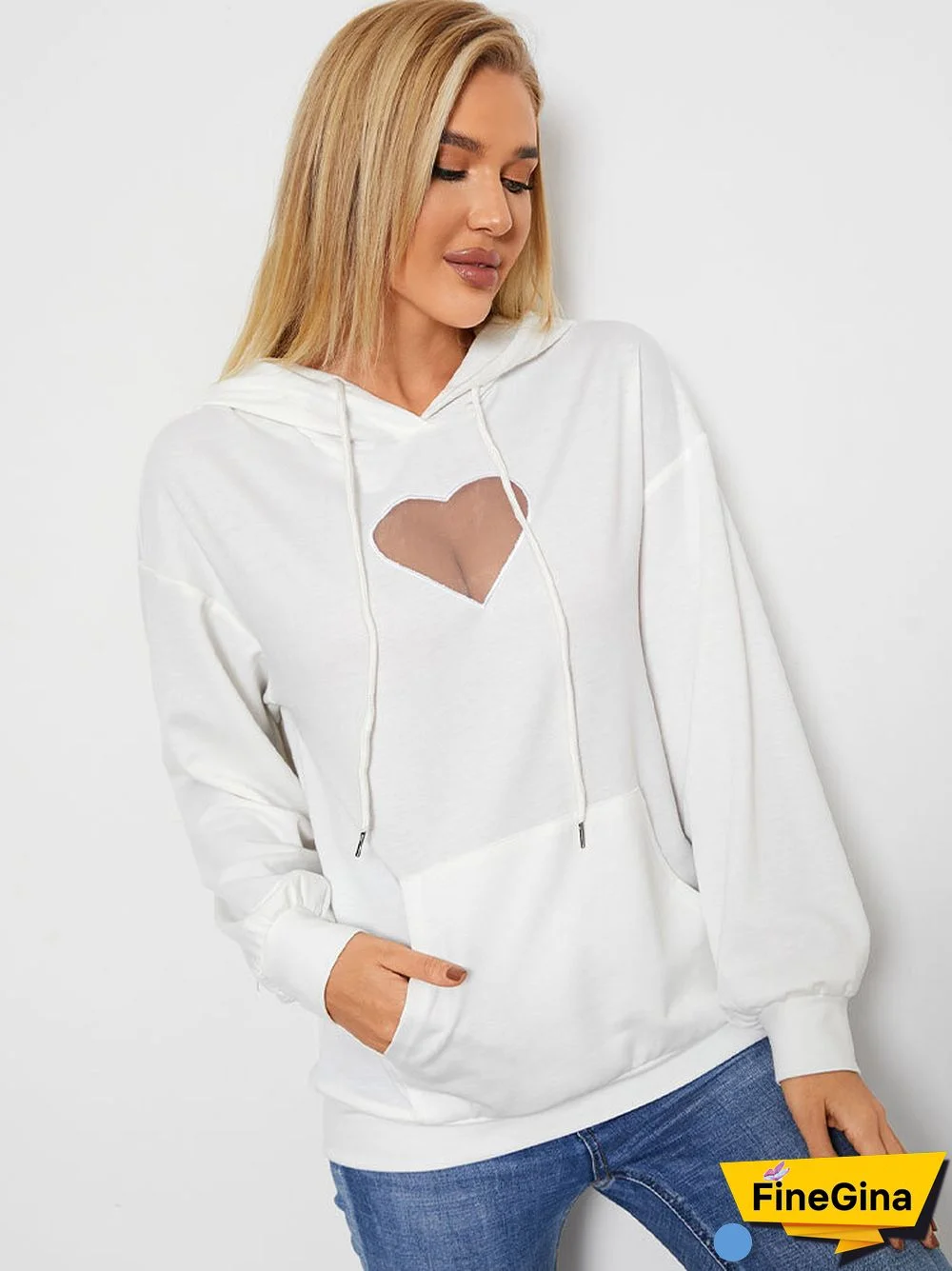 Heart Mesh Kangaroo Pocket Drawstring Loose Hoodie