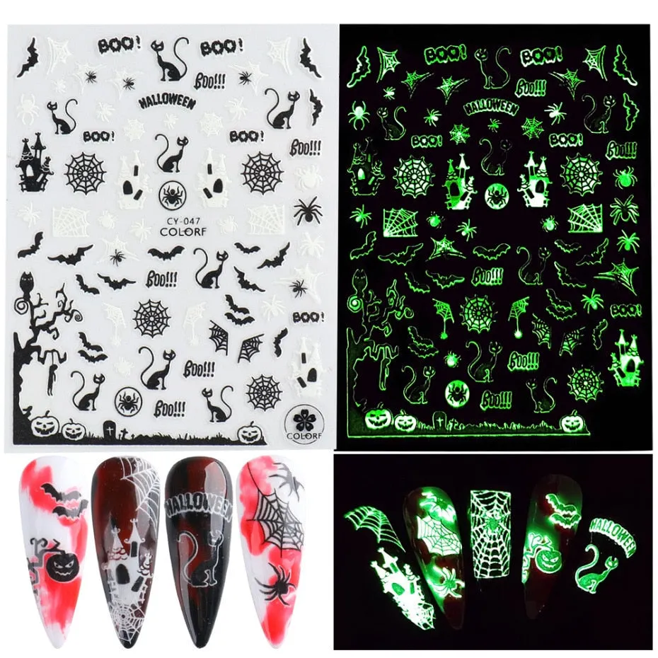 Nail Stickers Back Glue Fluorescent Light Halloween Pumpkin Imp Smiley Designs Nail Decal Decoration Tips For Beauty Salons-Nail Inspo