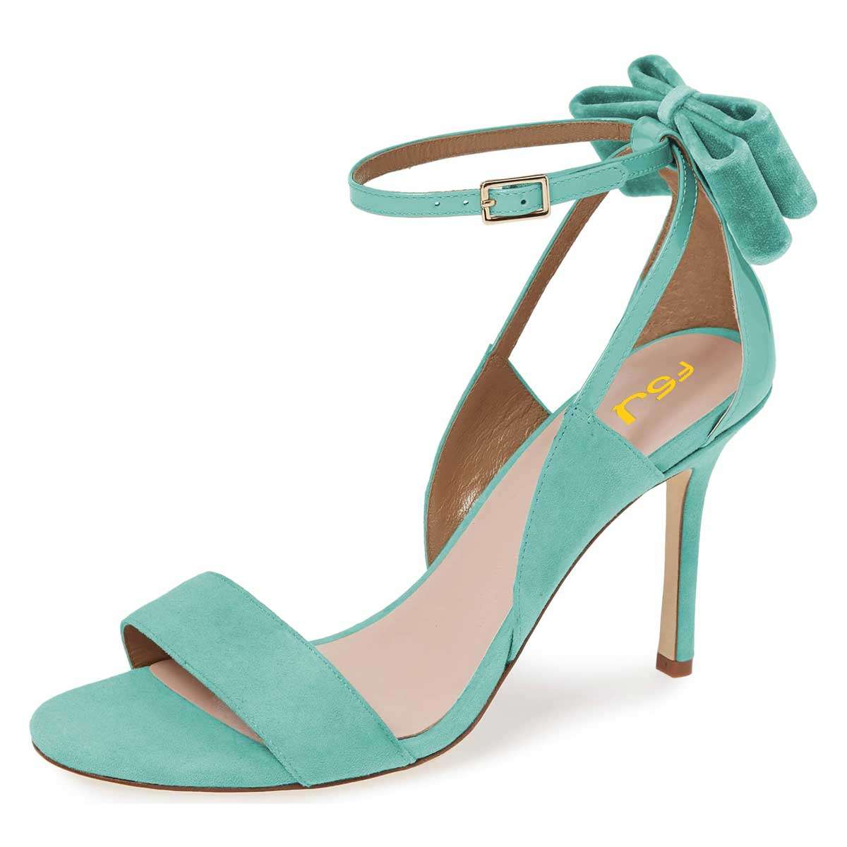 Turquoise Vegan Suede Ankle Strap Heeled Sandals with Velvet Bow
