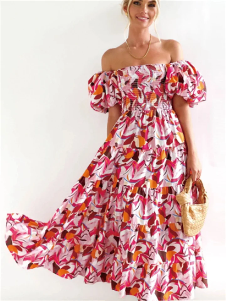 Fashion Women's Summer New A Collar Temperament Elegant Bust Models Floral Print Irregular Ruffle Trimmed In The Dress Dress
