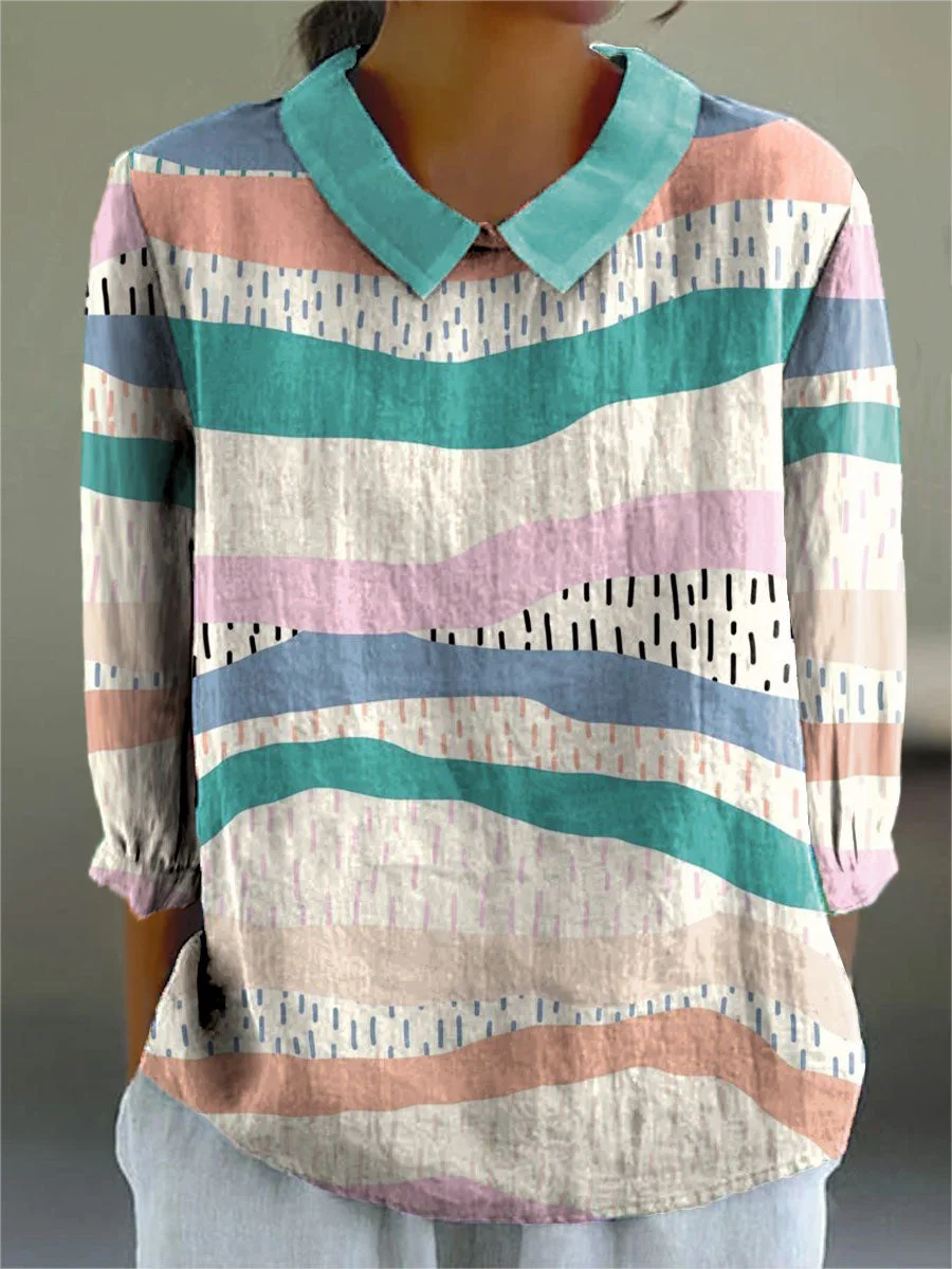 Women's Color Block Striped Art Print Casual Cotton And Linen 3/4 Sleeve Shirt