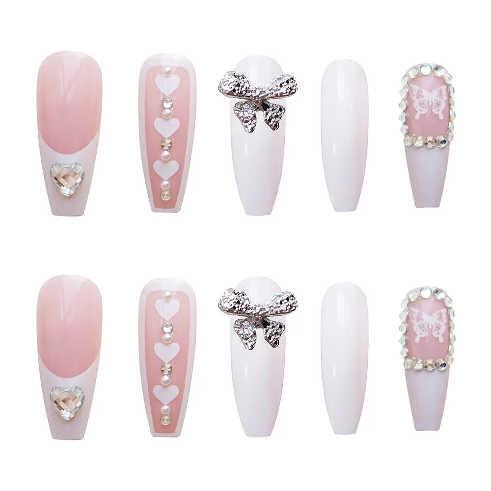 24PCS Press On Nails with Diamond Butterfly Design White Fake Nails Coffin Ballet False Nails Manicure Salon DIY  Full Finished-Nail Inspo