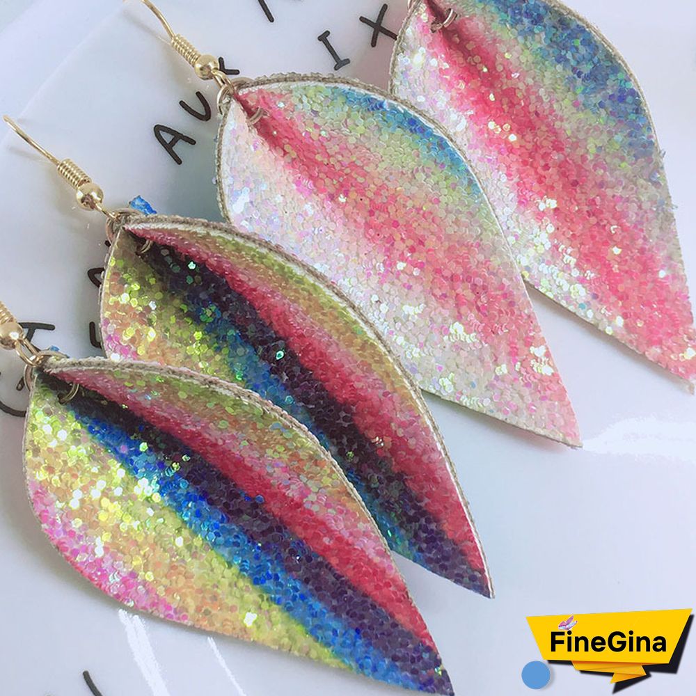 ZWPON Glitter Rainbow PU Leather Leaf EarringsFor Women Looking Various MultiColor Summer Leather Party Earrings Wholesale