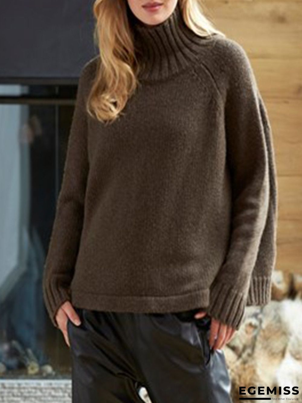 Black-Brown Solid Turtleneck Knitted Long Sleeve plus size Sweater | EGEMISS