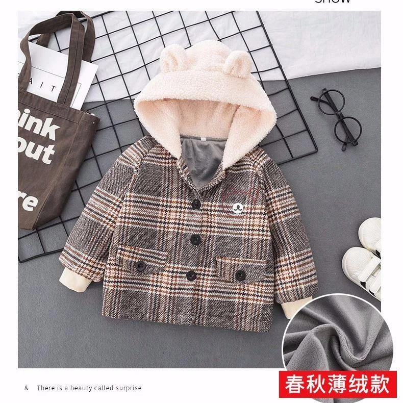 Baby Boy's coat  0-5 years old spring and autumn jacket padded jacket children's Plaid hood jacket Cartoon embroidered bear