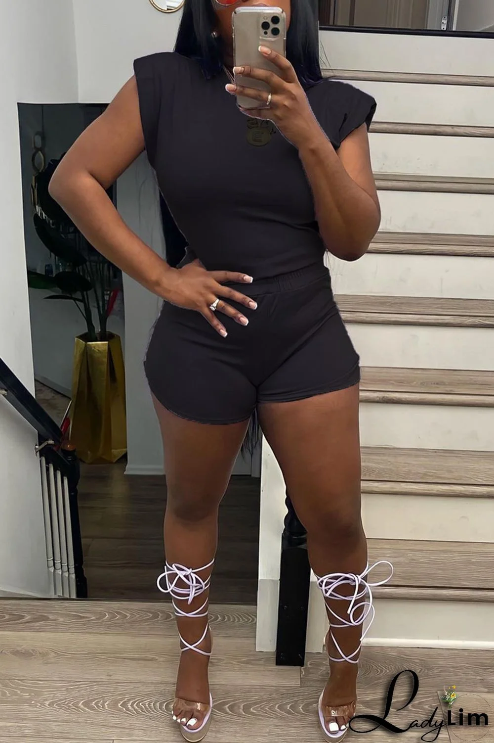 Black Fashion Casual Solid Basic O Neck Sleeveless Two Pieces