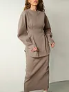 Knitted Long Sleeve Ruffled Top&Skirt Solid Color Urban Suit