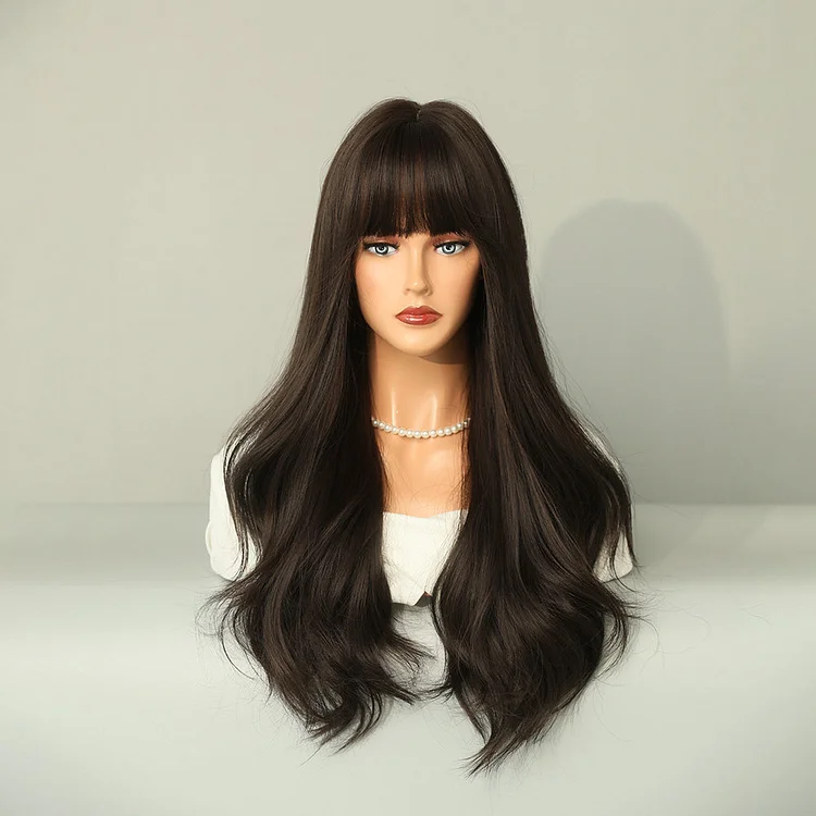Ins Hot Long Curly Hair Big Wave Whole Top Fluffy Natural Air Bangs Wig