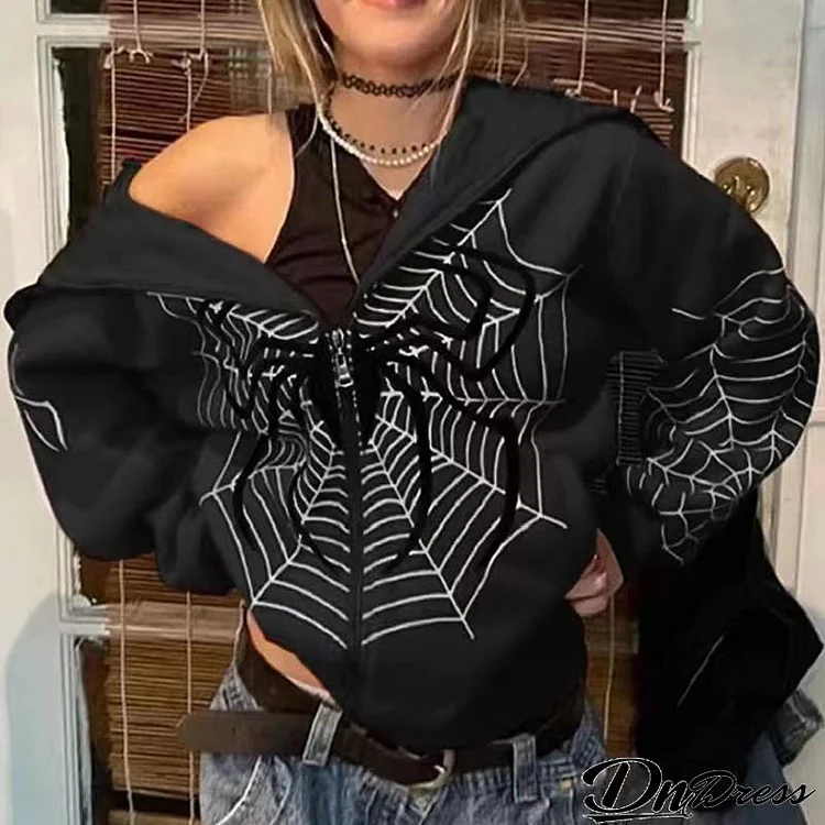 Casual Street Fashion Women Men Spider Web Print Zipper Loose Hoodie