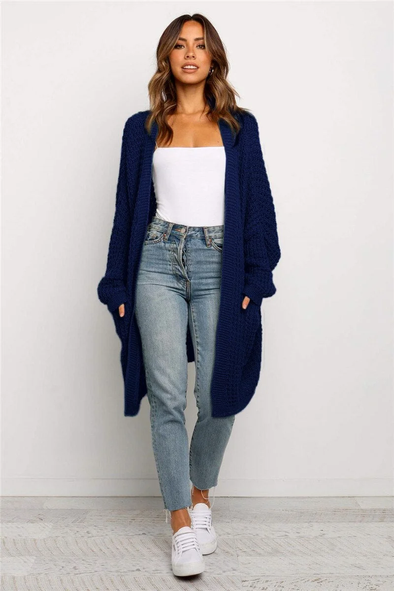 Fitshinling Oversize Knitted Long Cardigan For Women Pockets Slim Solid Winter Coat Jacket Female Long Sleeve Sweaters Cardigans