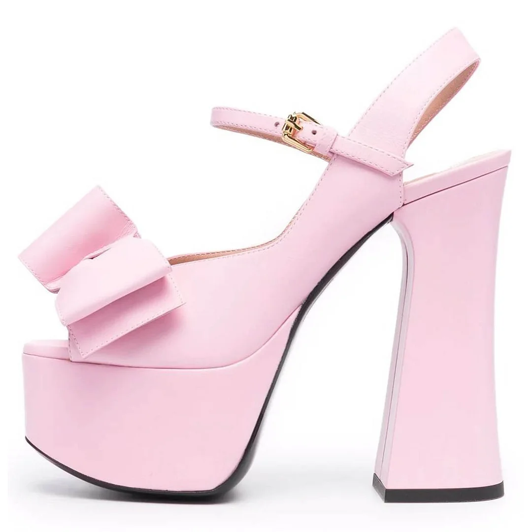 Light Pink Bow Chunky Heel Slingback Platform Sandals for Women