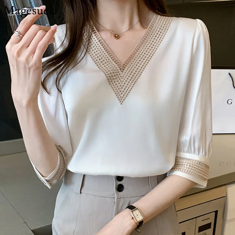 Embroidery Long Sleeve White lace Blouses Women Tops Summer V-Neck Loose Chiffon Blouse Shirt Blusas Mujer De Moda 2021 13366