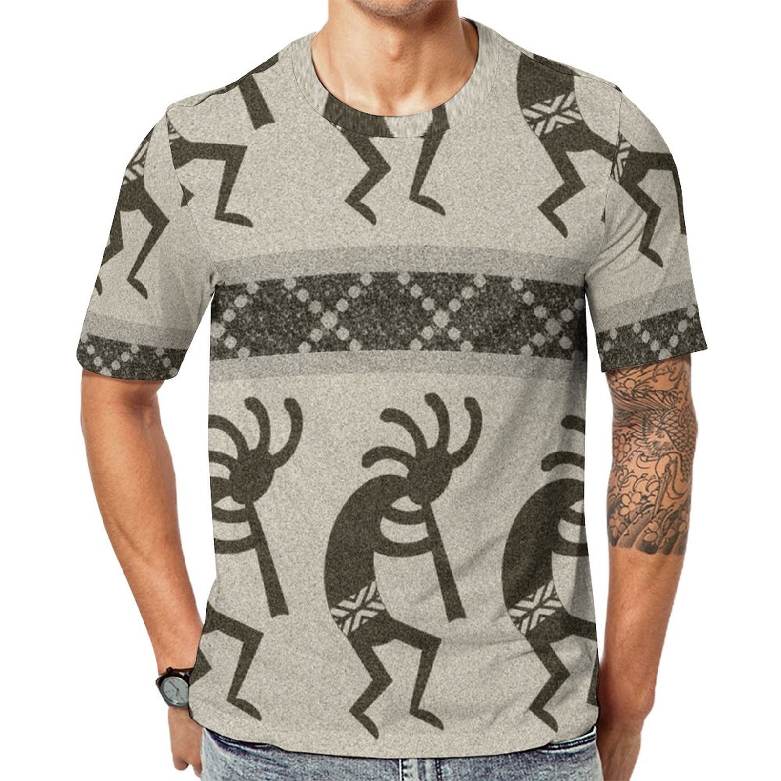 Gray And Black Southwest Kokopelli Aztec Short Sleeve Print Unisex Tshirt Summer Casual Tees for Men and Women Coolcoshirts