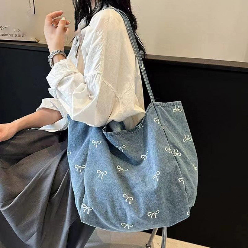 Women's Large Denim Bow Knot Elegant Streetwear Square Open Tote Bag