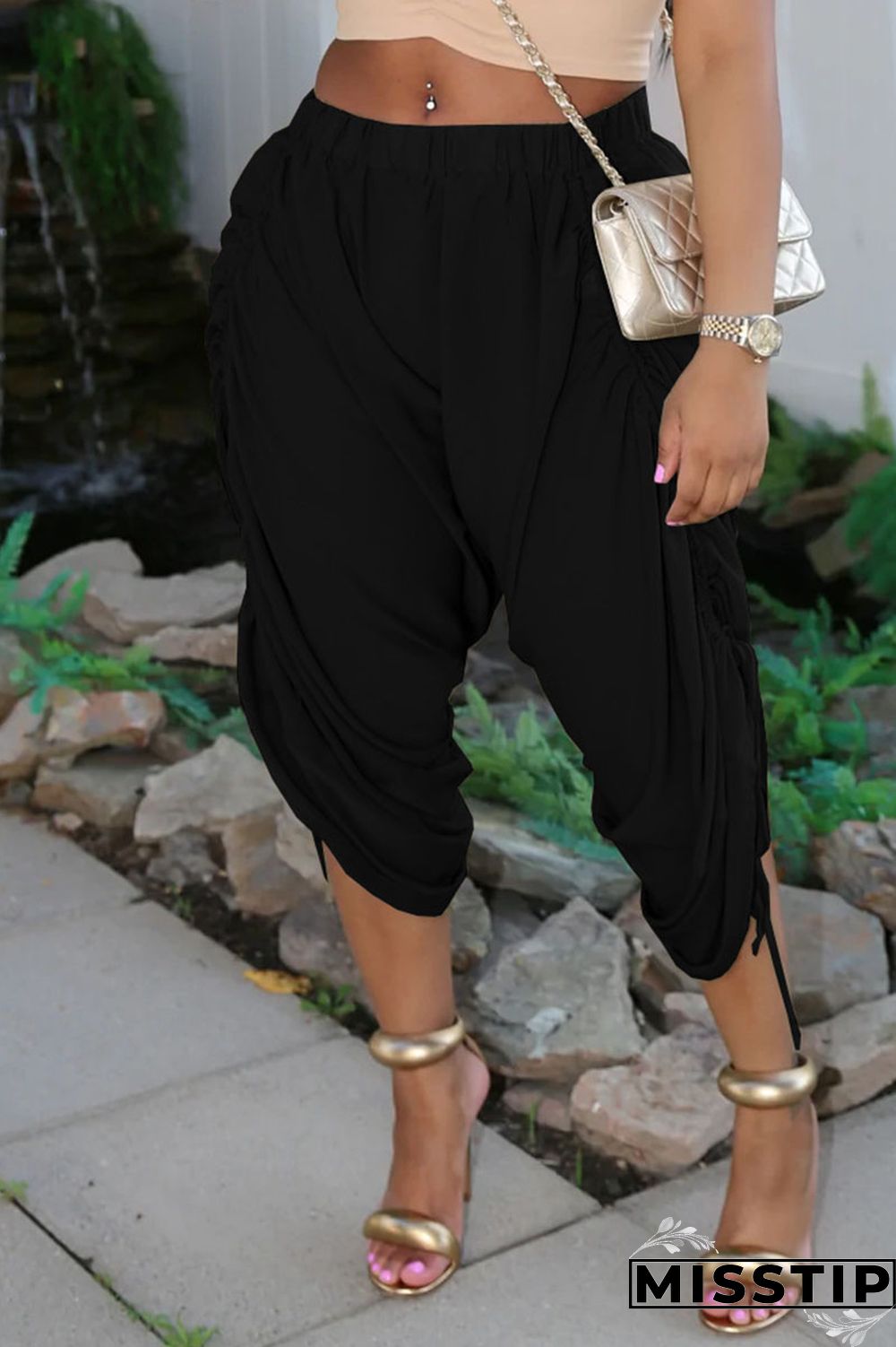 Black Casual Solid Patchwork Draw String Fold Asymmetrical High Waist Solid Color Bottoms