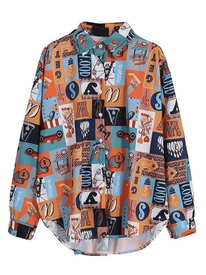 Brownm Vintage Mixed Print Long Sleeve Blouse