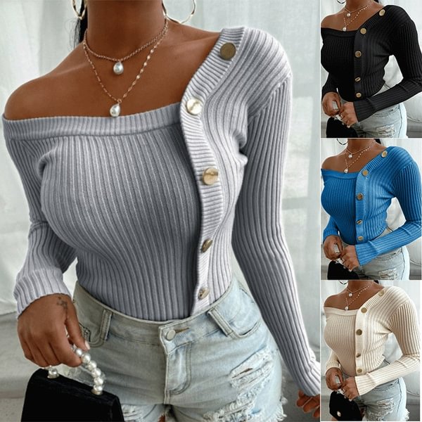 Autumn and Winter Fashion Splicing Buttons Thread Off Shoulder Long Sleeve Tops for Women Solid Color V-neck Pullover Knitted Sweater Tops Casual Knitwear Women Blouse Blusas Femininas Blusas De Mujer - Shop Trendy Women's Fashion | TeeYours
