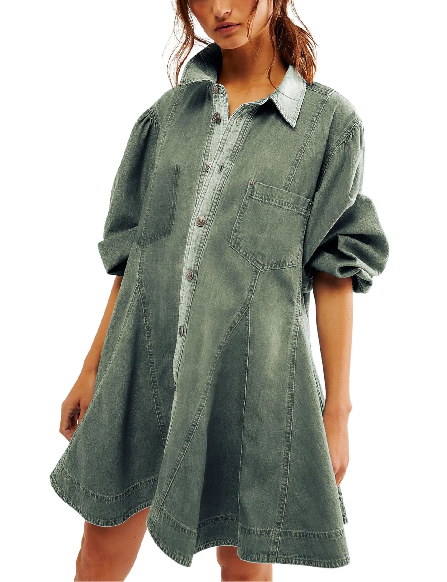 Mature Women Fashion Long Lantern Sleeve Button Denim Dress