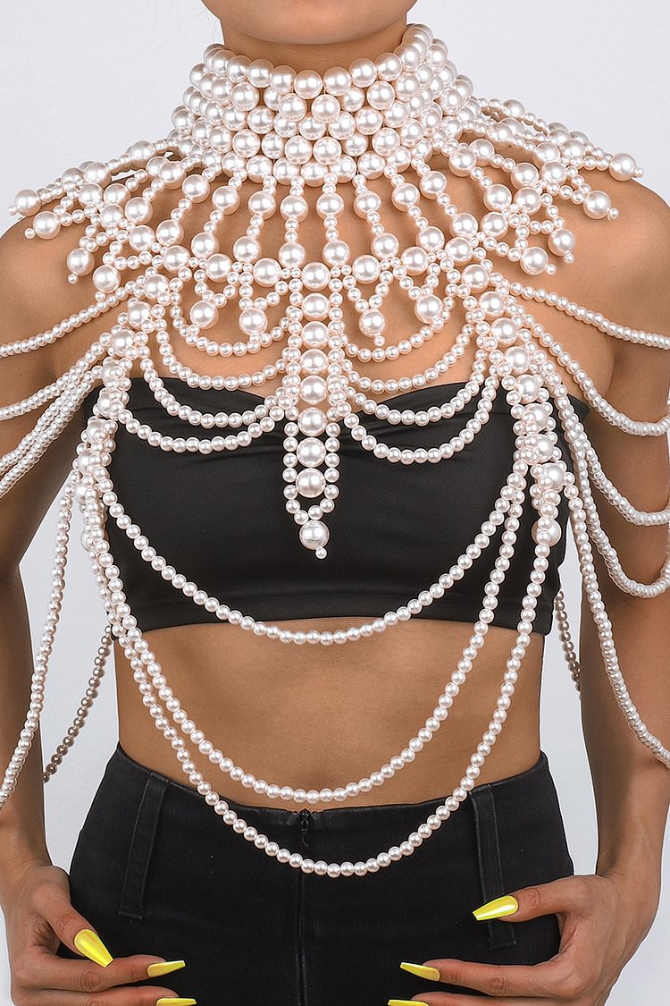 Retro Pearl Shawl Layered Hollow Woven Chain Epaulettes Shoulder Cloak