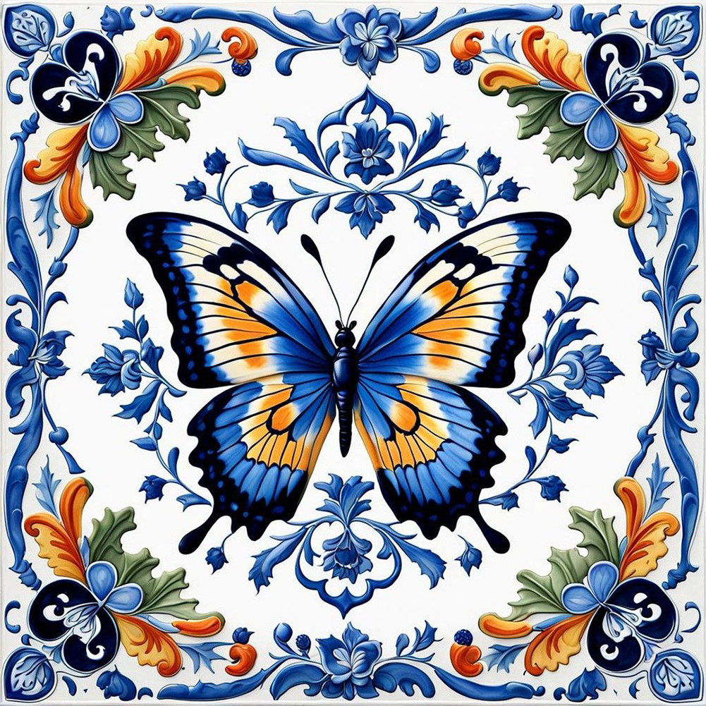 Blue And White Porcelain Style Butterfly 40*40cm(canvas) full round drill diamond painting