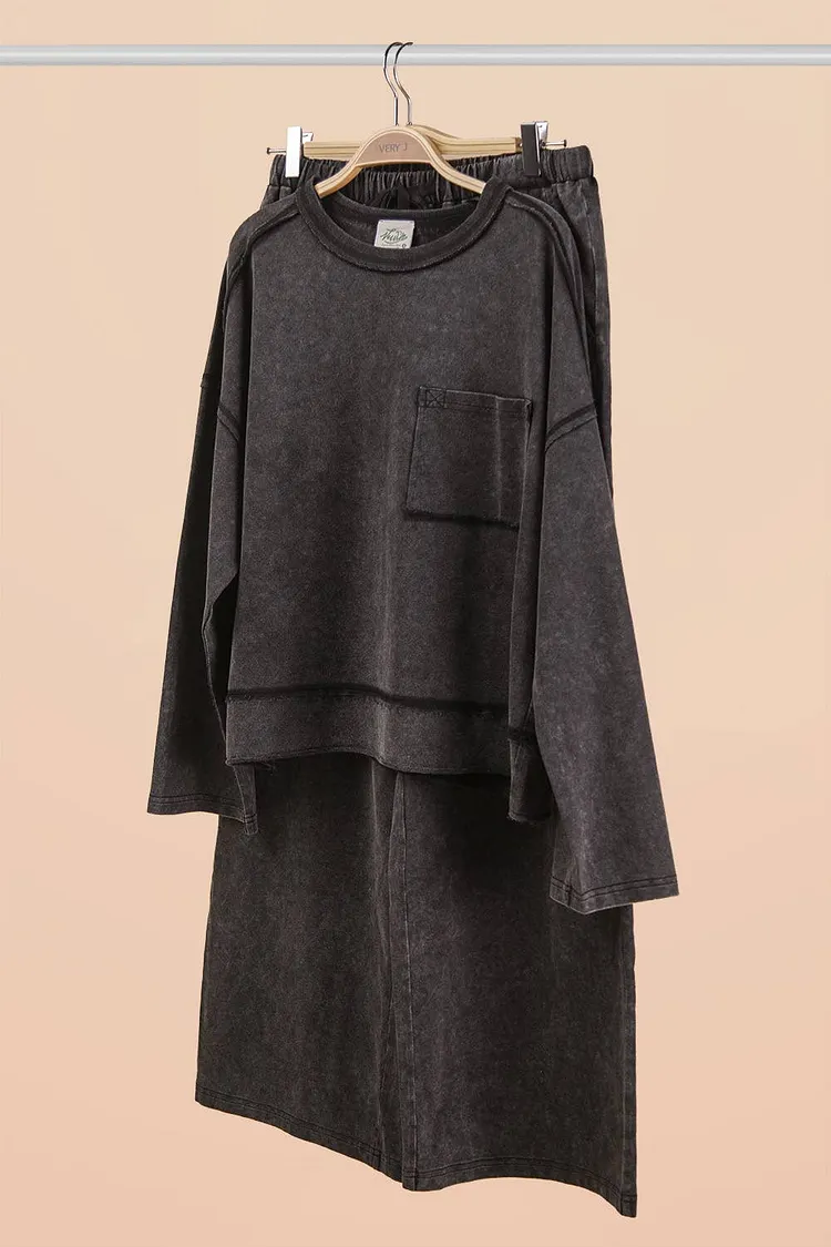 Extended Size Mineral Washed Knit Top & Pants Set: BLACK