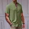 Camicia da uomo a maniche corte in cotone e lino con collo alto e bottoni
