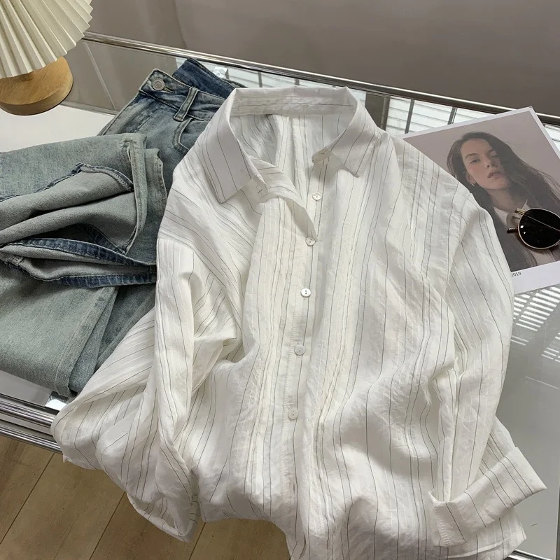Athvotar Athvotar Striped White Shirt Women's Sun Protection Jacket Top 2025 Spring And Autumn Wear Loose Thin Shirt Tide