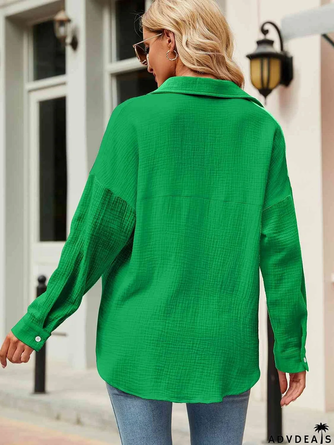 Button Up Collared Neck Drop Shoulder Shirt